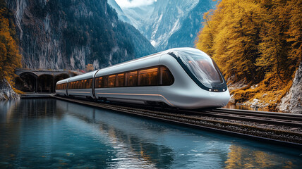 Zero-carbon maglev train gliding through a scenic landscape