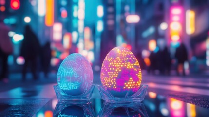 Elegant Easter composition with artisanal decorated eggs and fresh spring flowers on a trendy background. Perfect for social media marketing and business.