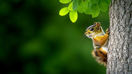 Obraz premium Curious squirrel on tree, green background, nature scene, wildlife photography