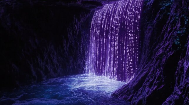 Binary code streams down a glowing purple waterfall within a dark, mysterious cave, illuminating a pool of water below, creating a mesmerizing blend of nature and technology