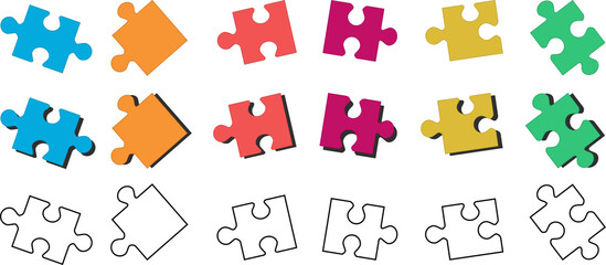Puzzles pieces isolated. Colorful 3d puzzle pieces with shadows. Outline puzzles elements. Creativity and diversity concept. Teamwork and idea finding concept. Bright colored puzzles pieces.