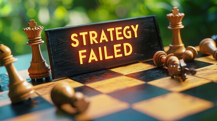 A close-up of a chessboard with wooden pieces and a sign reading 'STRATEGY FAILED', emphasizing defeat.