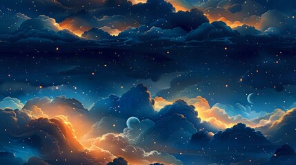 Fototapeta premium Magical night sky with glowing orange and blue clouds, crescent moon and twinkling stars. Perfect for fantasy backgrounds, book covers, or dreamy celestial designs.