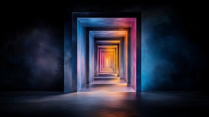Colorful geometric tunnel with soft lighting creating a surreal atmosphere leading toward an unknown destination