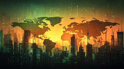 Stunning futuristic cityscape with an overlay of a glowing world map.  Ideal for illustrating global connectivity, technology, networking, or international business concepts.