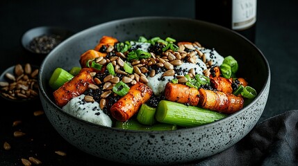   A bowl of carrots, celery, nuts, and yogurt sits on a table next to a bottle of wine