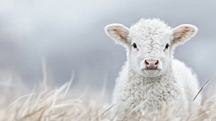Fototapeta premium A sheep in a field of tall grass, with a cloudy sky in the background