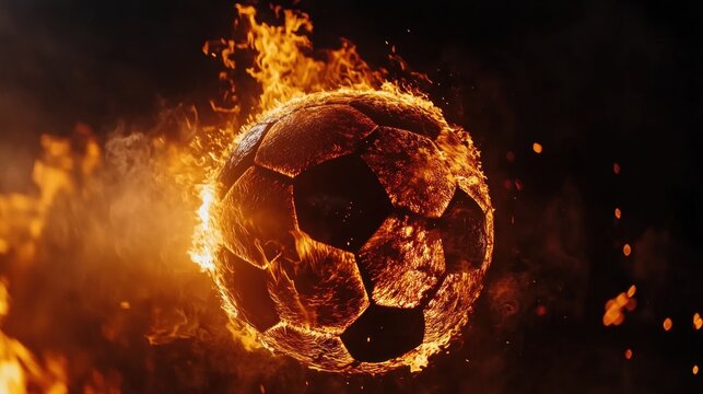 A flaming soccer ball surrounded by fire, symbolizing passion and intensity in sports.