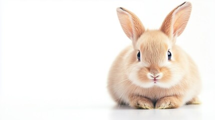 A fluffy easter bunny sits peacefully against a white backdrop with space for text. Its soft fur and big eyes capture a playful charm, embodying the essence of spring festivities and joy.