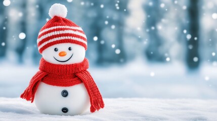 Obraz premium Cheerful Snowman in Red Hat and Scarf on Fresh Snow with Soft Falling Snowflakes in Winter Wonderland