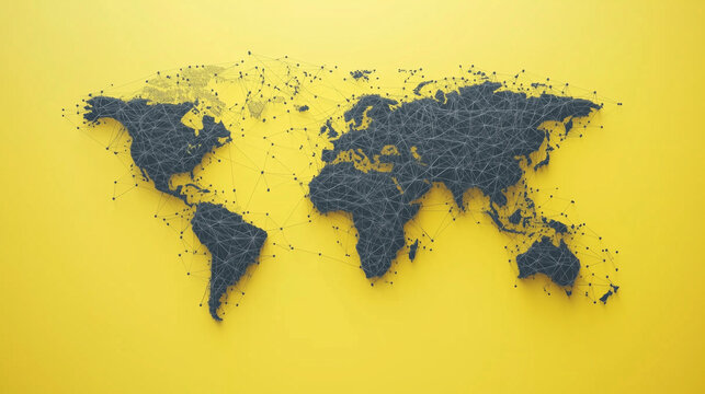 black world map with black network nodes isolated on yellow background
