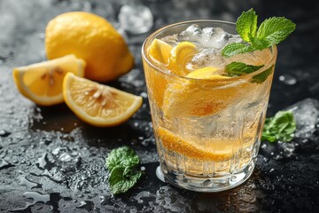 Fototapeta premium Refreshing homemade lemonade served with ice, mint, and lemon slices
