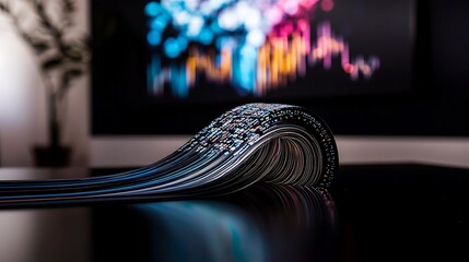 Data wave on desk, abstract background, modern office