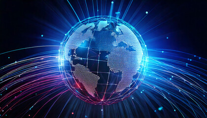 Obraz premium Stunning abstract globe with vibrant, glowing lines radiating outwards. Perfect for illustrating global connectivity, technology, networking, data flow, or futuristic concepts.