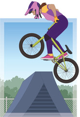 Naklejka premium bmx motocross extreme sport, freestyle female cyclist in mid air jumping over ramp with an outdoor sky background
