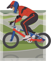 Obraz premium bmx motocross extreme sport, racing male cyclist air borne on single-lap circuit with track in the background