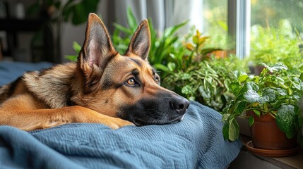 Naklejka na ściany i meble German Shepherd Dog Resting Near Window Plants