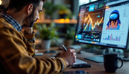 Obraz premium Focused Analyst Reviewing Financial Data on a Large Monitor