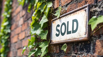 An aged 'SOLD' sign on a brick wall, surrounded by vibrant ivy, conveying a sense of completion and natural beauty.