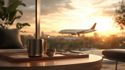 Golden mug and plant on table in airport lounge at sunset with airplane visible outside, creating a relaxing atmosphere