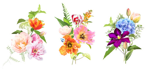 Bright tulip flowers, roses, pink peony, hydrangea, greenery and branches Easter vector bouquets. Floral bold colored watercolor. Blooming garden. Easter florals. Elements are isolated and editable