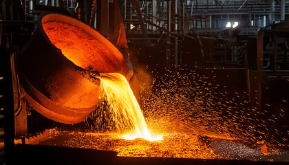 Molten metal pours from a furnace in a dramatic industrial setting.