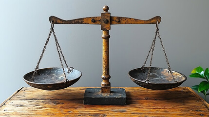 Rustic antique balance scale aged wooden beam  dark metal pans.  Perfect for concepts of justice, balance, comparison, or vintage décor. Ideal for websites, blogs, and legalhistorical projects.