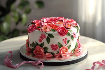 Fototapeta premium Floral-themed cake on a round table with vibrant roses and decorative ribbons