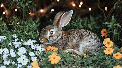 Fototapeta premium Adorable bunny rabbit nestled amongst vibrant white and orange flowers, illuminated by soft bokeh lights. Perfect for Easter, spring, nature, pet, or animalthemed projects.