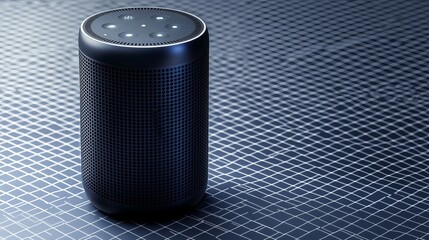A sleek black smart speaker on a geometric patterned blue surface, blending technology with modern design.