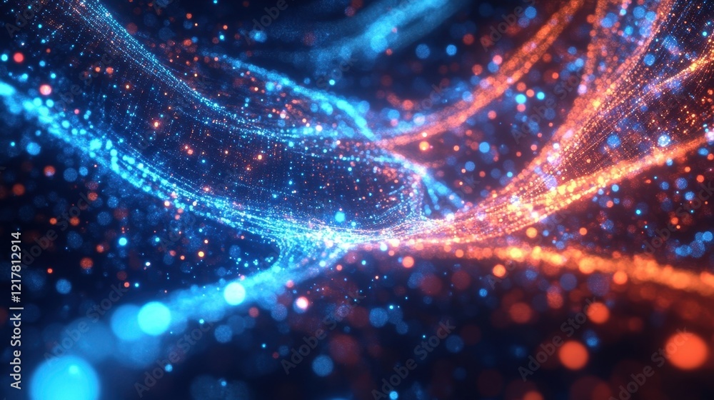 Poster wavy abstract particles flowing and glowing on dark background creating a magical and futuristic atm