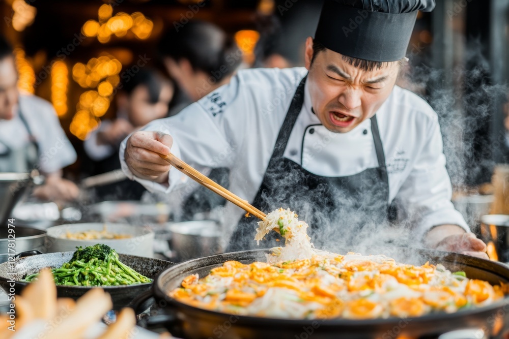 Aufkleber a chef in a busy kitchen, angrily shouting orders at their team as chaos unfolds around them