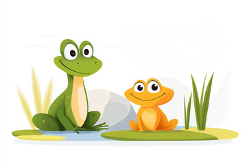 Fototapeta premium Colorful illustration of frogs and water lilies. World Wetlands Day
