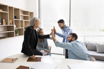 Group of happy multiethnic young 30s and mature 55s colleagues giving celebratory high-five gesture, enjoy moment of shared success, professional achievement. Motivation and encouragement, team spirit