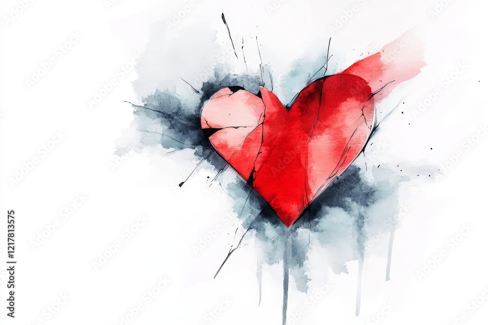 Poster a clean, modern illustration of a broken heart drawn with jagged, bold lines and soft gray shading a