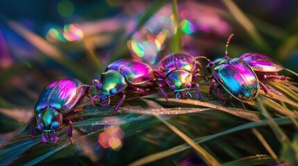 Iridescent beetles on grass, bokeh background, nature macro, wildlife photography