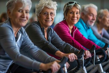 Energetic Seniors Participating in Group Exercise Class on Stationary Bikes in a Contemporary Fitness Studio
