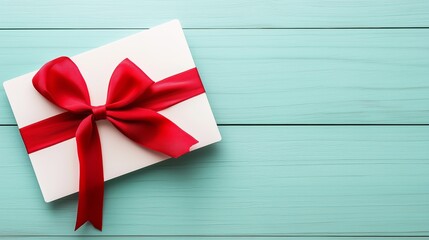 Gift card designed in a festive style on a blue wooden surface with space for text