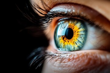 A close-up of an eye with a terrified expression, reflecting a shadowy figure in the distance