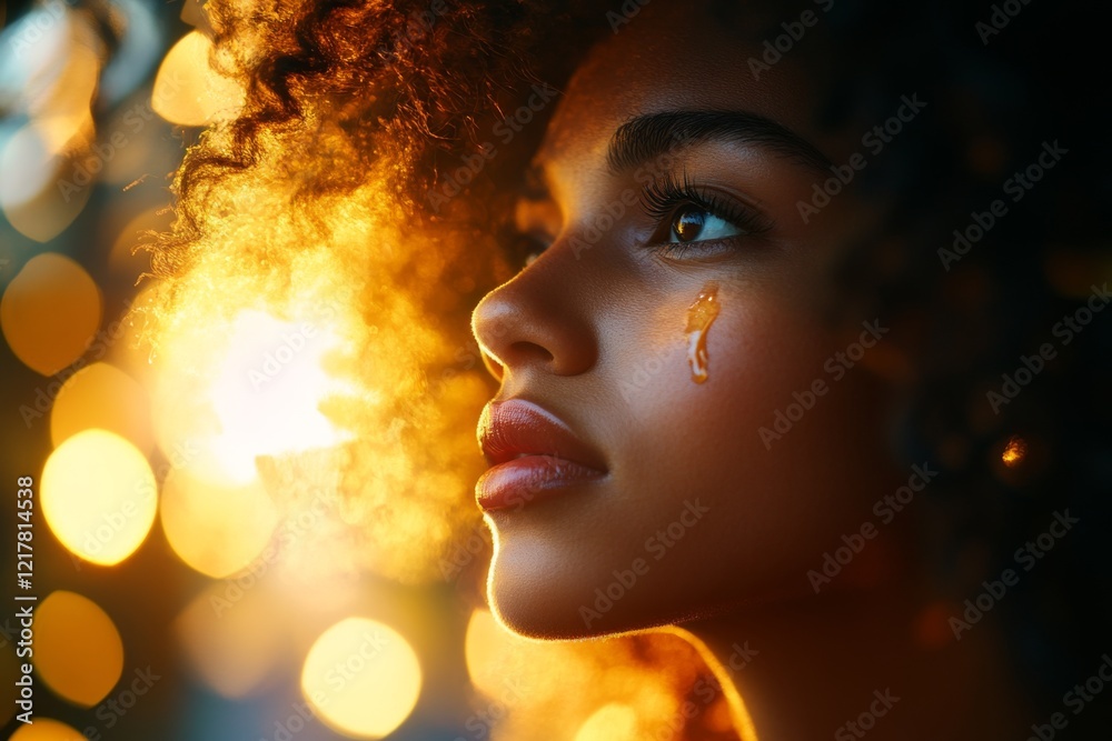 Poster a close-up of tear-filled eyes, with a single tear rolling down the cheek and soft light reflecting 