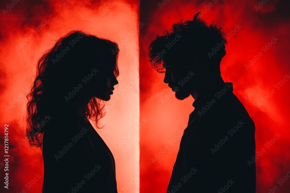 Poster a couple standing on opposite sides of a room, facing away from each other, with soft light dividing