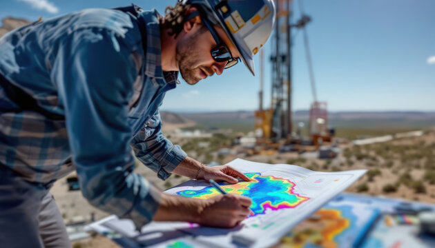 Geologist Working on a Topographical Map at an Oil Drilling Site