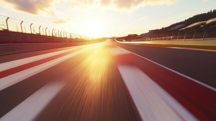 Naklejka premium A race track devoid of vehicles, marked with red and white lines, with a spectacular sunset overhead