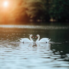 Two swans gracefully interacting on a tranquil lake at sunset.