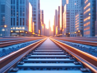 Fototapeta premium Urban railway tracks lead towards a sunset skyline in a bustling cityscape.