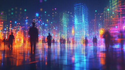 A shimmering holographic representation of a festival being celebrated in the city with tourists and locals mingling reflecting cultural festivities impact on tourism.