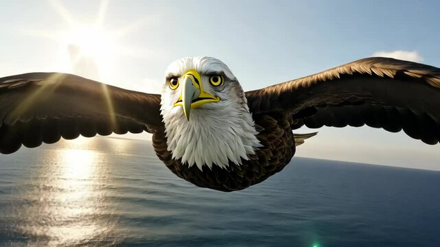 Majestic eagle soaring over ocean waves under bright sun in peaceful atmosphere