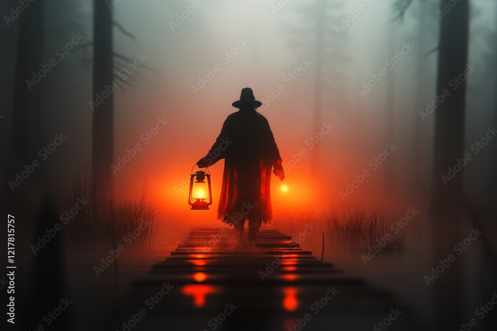 Poster a detailed 3d depiction of a person holding a lantern as they walk across a bridge, their path illum