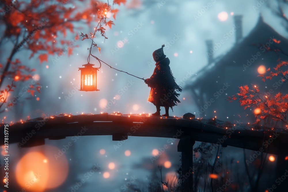 Poster a detailed 3d depiction of a person holding a lantern as they walk across a bridge, their path illum
