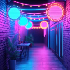 Obraz premium Vibrant neon lights illuminate a stylish corridor with plants and tables.